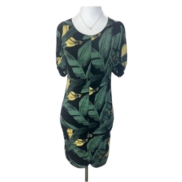 New Ganni Ruched Floral-Print Stretch-Jersey Green Mini Dress -  Sz 4 - Picture 6 of 9